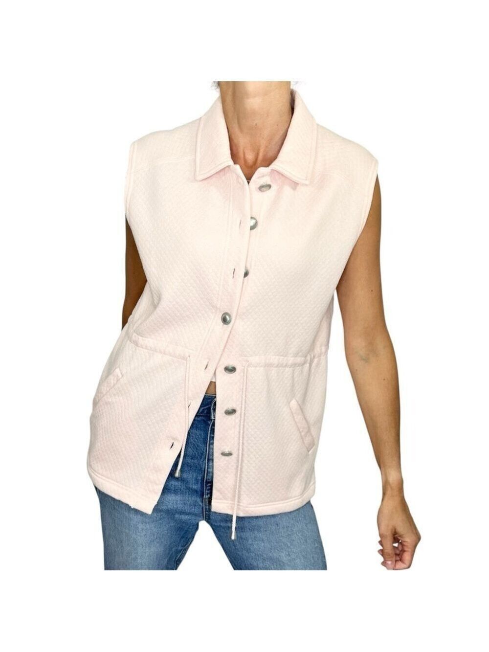 Vintage 90s pale pastel pink quilted boxy button front grandma vest M